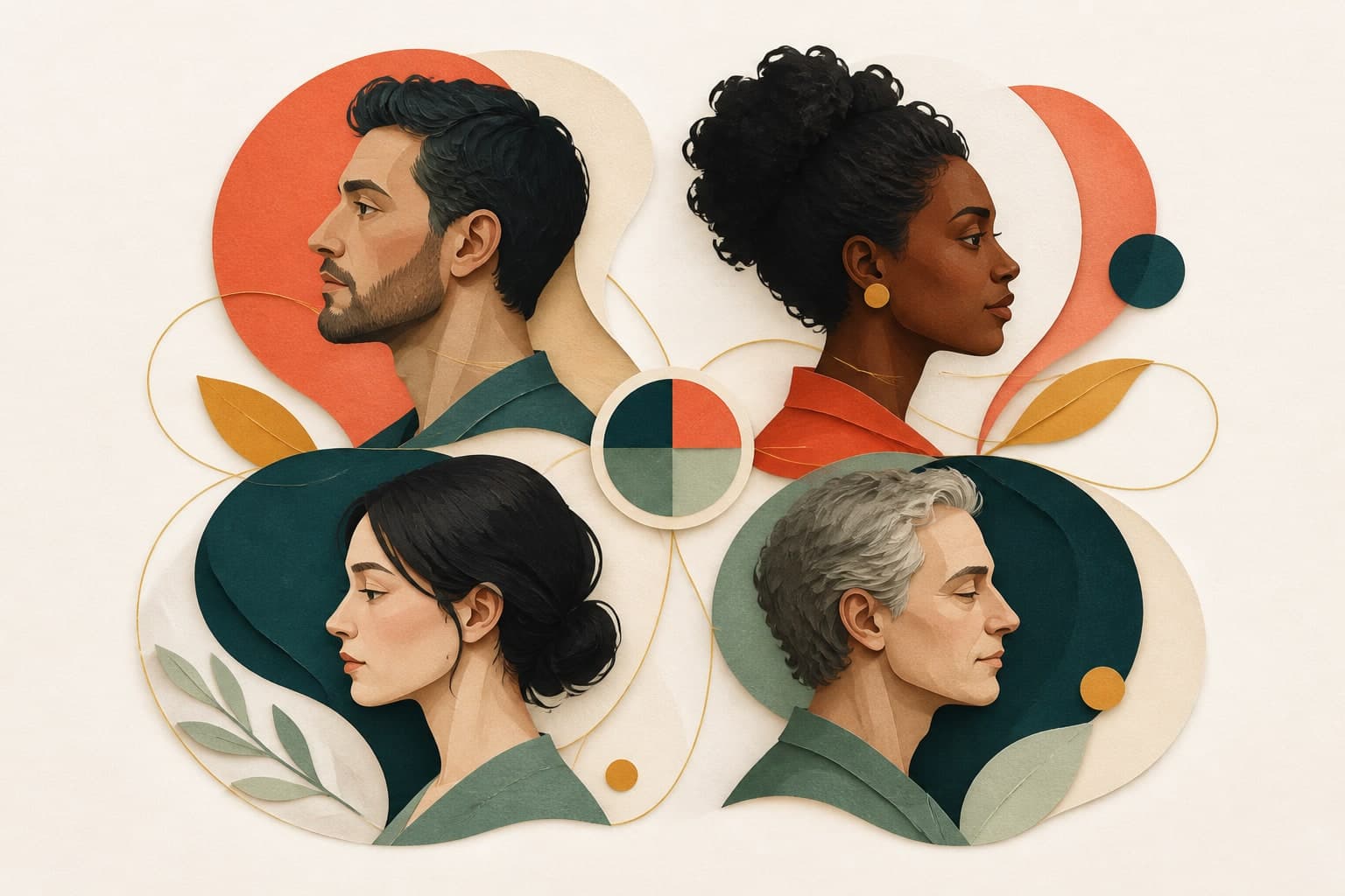 Quatro perfis humanos representando os diferentes temperamentos